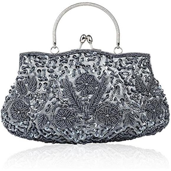 Handbags - Beaded Sequin Design Flower Large Clutch Bag Grey